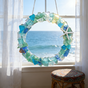 Envío Directo, Corona Decorativa de Vidrio Marino, Hecha a Mano, con Acabado Arenado, Estilo Bohemio Irregular, Moderno y Minimalista, para Colgar en Interiores - Product Image 1