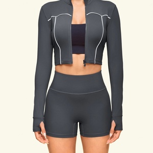 Women's Yoga Sports Set Quick Dry Zipper Long-sleeved Yoga <b>Jacket</b> Soft Breathable <b>Workout</b> Shorts Slim Seamless Lightweight Front - Product Image 3
