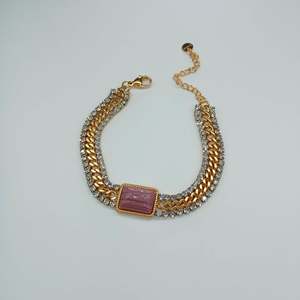 Fashion Chain <b>Bracelet</b> 316L Stainless Steel PVD Gold Plating With <b>Crystal</b> Rhinestones And Pink Stone Inlay For Women - Product Image 1