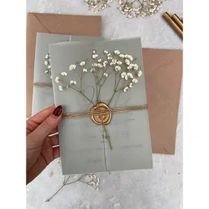 Luxury Stylish Wedding Sage Green And Gold Gypsophila Floral Invitation Cards