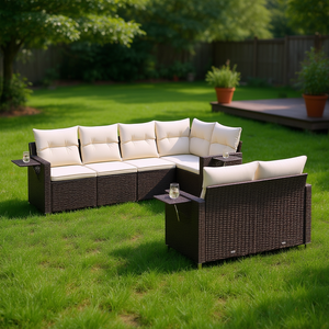 ชุดโซฟาหวายสีน้ำตาลสำหรับสวน โครงเหล็กเคลือบสีฝุ่น เฟอร์นิเจอร์กลางแจ้ง ดีไซน์ร่วมสมัย กันน้ำ พร้อมเบาะโฟมความหนาแน่นสูง - Product Image 2