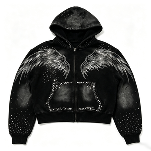 Veste courte à capuche effet vieilli avec détails ailes d'ange et strass, décorations diamantées, épaules tombantes, style streetwear - Product Image 3