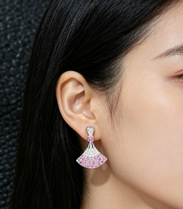 S925 <b>Silver</b> <b>Fan</b> Shape Clip On Earrings, Lab Created Padparadscha Sapphire Ombre Pink Gemstone Dress Ear Jewelry V - Product Image 6