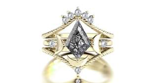 Ensemble de bagues de mariage en quartz rutilé noir en forme de cerf-volant, classique, en argent 925 plaqué or 14 carats, bagues en pierres précieuses pour anniversaires et fêtes, haute joaillerie - Product Image 3