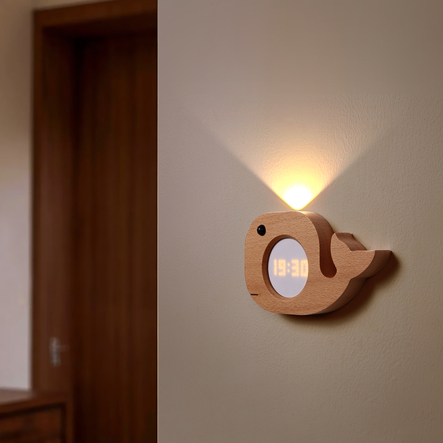 Wooden Electric Modern Single Face Rechargeable Alarm Clock Motion Sensor Night Light Wall Lamp Cartoon Pattern Magnetic
