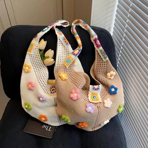 Bolso de Hombro Tipo Hobo de Ganchillo con Logotipo Personalizado, Estilo Bohemio para Mujer, Tejido Calado con Apliques de Flores Coloridas en 3D, Nueva Tendencia - Product Image 1