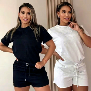 Jacquard Knit Cotton Spandex Women's Y2K 2-Piece Shorts & <b>Top</b> T-shirt Set for Summer Outdoor & Beachwear Wholesale in Stock - Product Image 1