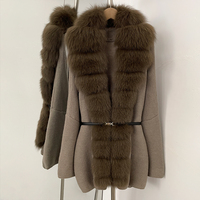 OFTBUY Nouveau manteau en tricot pour femme avec ceinture en métal à l'avant en véritable fourrure de renard, tricot chaud d'hiver, vêtements d'extérieur de luxe, pull cardigan