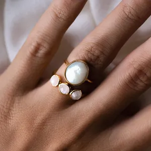 宝石925纯银珍珠母小戒指椭圆形方形贝壳嵌框镶嵌戒指