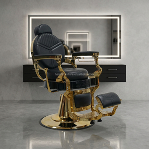 Sillón de <span class=keywords><strong>Barber</strong></span>ía de la Mejor Calidad con Base Redonda, Reclinable, en Cuero Dorado y Negro para Hombres, para <span class=keywords><strong>Barber</strong></span>ía - Product Image 6