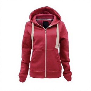 <b>Red</b> Zip-Up Hooded Sweatshirt Regular Fit Solid Color Casual Fleece <b>Hoodie</b> for Autumn Unisex - Product Image 2