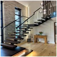 CBMMart Escalier d'intérieur moderne Escaliers droits flottants Escalier intérieur mono limon avec bande de roulement en bois et garde-corps en verre
