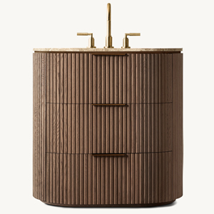 Mobile <span class=keywords><strong>Bagno</strong></span> Moderno in Rovere Americano, Comoda Toeletta Compatta a 3 Cassetti, Lussuosa Consolle in Legno Massello con Piano in Marmo, Arredamento RH. - Product Image 5