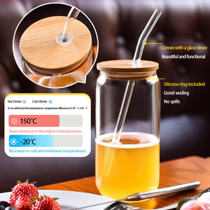 Vasos de Vidrio de Borosilicato con Tapa de Bambú y Pajita, Vaso Reutilizable Tipo Lata de Cerveza para Café Helado, Té, Zumo, Batidos y <span class=keywords><strong>Agua</strong></span> - Product Image 5