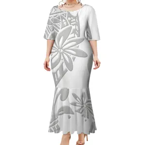 Drop shipping Grey And White Simplicity Pacific Island Design Custom Mermaid Dress Print On Big People Fishtail Dresses