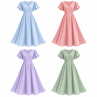 Robe midi bleu clair pour femme, col en V, manches courtes à volants, taille ajustée, coupe trapèze, robe d'été pour la plage