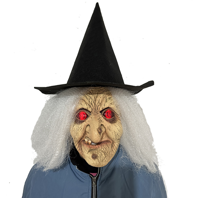 Venta al por mayor Halloween Scary Witch Cosplay espeluznante Horror disfraz máscara realista cara humana anciana máscara con ojos LED