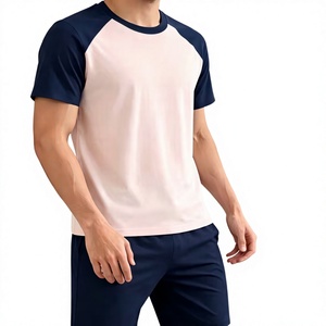 Men Solid <b>Navy</b> Ribbed Crew Neck T-Shirt Shorts Set Casual Knit Summer Outfit Breathable Waffle Texture Plain Dyed 180g Front - Product Image 3