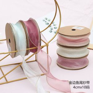 Korean Style <b>Thin</b> Transparent Gauze <b>Ribbon</b> with Golden Line in Edge for Flower Bouquet Wrapping - Product Image 3