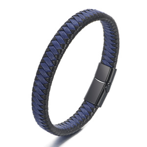 Venta al por mayor de lujo de los hombres simples tejidos brazalete de cuero negro pulseras de aleación de cuero de moda con cierre magnético