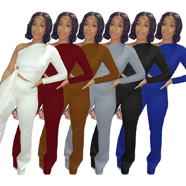 Conjunto de calças mangas compridas feminino, conjunto de 2 peças sexy fora do ombro, de cor sólida, novidade de 2021