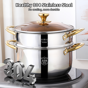 Marmite en acier inoxydable 304 de qualité alimentaire avec poignée dorée, couvercle en verre transparent, ustensile de cuisine avec compartiment vapeur - Product Image 5