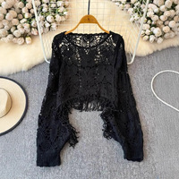Blouse en viscose/polyester tricotée à manches longues chauve-souris ajourée et tissée à la main pour femme – Nouvelle collection automne