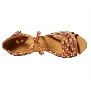 <span class=keywords><strong>Scarpe</strong></span> da Ballo Latino in Pelle per Donna, <span class=keywords><strong>Tacco</strong></span> Medio 7,5 cm, Arancione <span class=keywords><strong>con</strong></span> Diamanti, Suola Morbida, Sandali Estivi per Cha Cha, Tipo Outdoor - Product Image 5