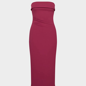 Burgundy Strapless Folded Detail Bodycon Fitted casual skirt Midi Dress Sexy Formal Cocktail Wear for Wedding & Evening Parties - Product Image 3