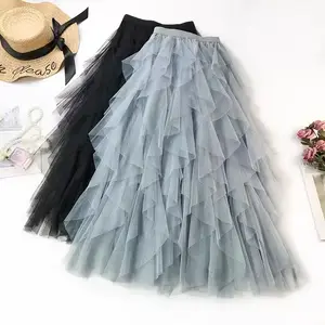 Women ruffle Skirt 85cm length many layers pink black Pleated Long Skirt Vintage High Waisted A Line Satin Skirts Beige Blue