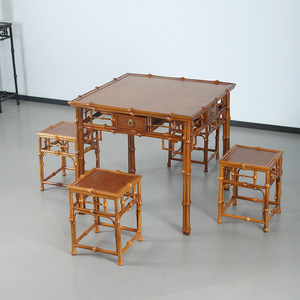 <b>Bamboo</b> Chinese Style Square Table And <b>Stool</b> Set 4 Piece Light Color Dining Room Furniture Durable Design - Product Image 1
