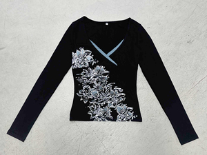 Haut en tricot à manches longues à col en V à imprimé floral vintage pour femmes Coupe ajustée Couleur contrastée T-shirt basique - Product Image 6