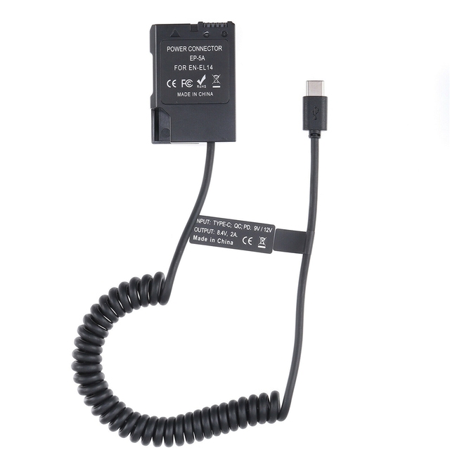 USB-C Type C DSLR EN-EL14 Camera Dummy Battery Charger Power Supply D5600 D5500 D3500 Spring Cable