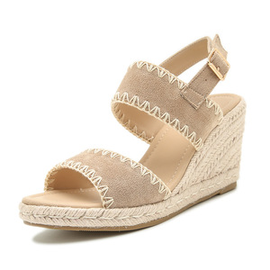 Sandalias de cuña con punta abierta, de gamuza, con correa trasera y cierre de hebilla, suela de paja, transpirables, para mujer, de verano - Product Image 4