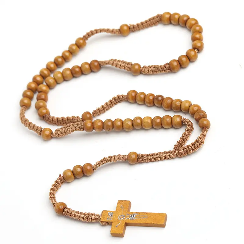 G2670 grosir kerah Rosario Rosario manik-manik kayu religius liontin salib kalung Rosario Katolik perhiasan kalung