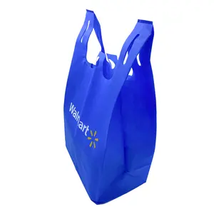 Wholesale custom Blue non woven walmart shopping t shirt tote handbag sublimation Eco vest recycled bag for supermarket