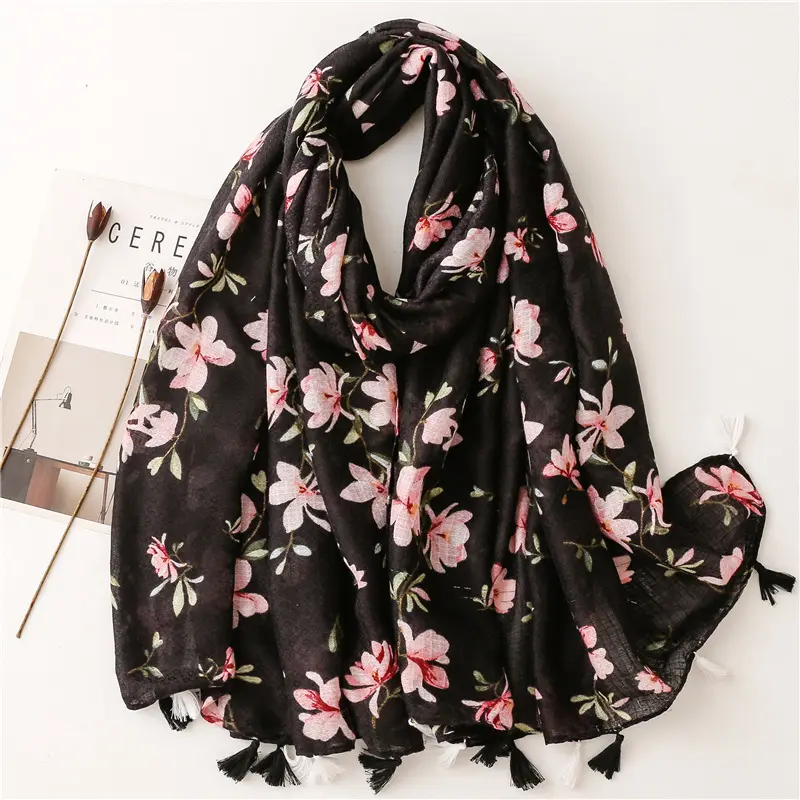 최신 멋진 도매 여성 긴 대형 꽃 인쇄 면화 스카프와 shawls 부드러운 검은 꽃 면화 인쇄 이슬람 hijab