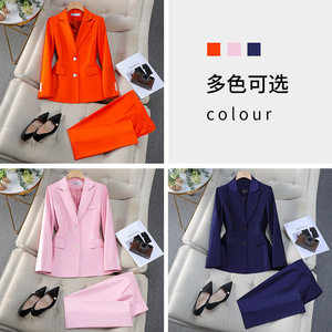 Women's Orange Suit Set Full Sleeve Polyester Satin Anti-Wrinkle Elegant Spring Casual Three Piece Jacket Vest Pants - Product Image 3