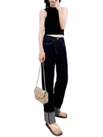 Celana Jeans Wanita Original Dark Cuffed Straight-Leg, Celana Panjang Klasik Retro