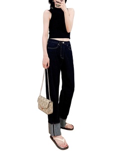 <span class=keywords><strong>Jeans</strong></span> de Mezclilla Rectos con Dobladillo Oscuro para Mujer, Pantalones Largos Clásicos Retro - Product Image 2