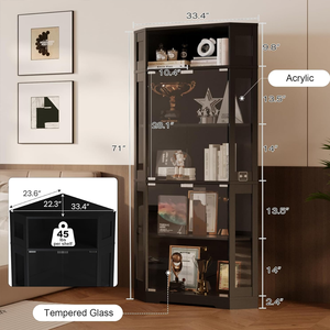 Vitrine d'angle à 5 niveaux avec portes en verre, vitrine éclairée de 71 pouces avec 3 couleurs de lumière pour objets de collection - Product Image 2