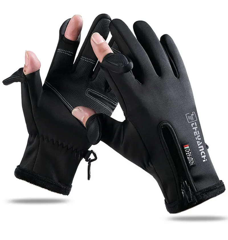 SBR Waterproof 2 Cut Fingers Anti Slip Flexible Fishing Gloves Outdoor Sports Touchscreen Fleece Lining Warm Cycling Gloves