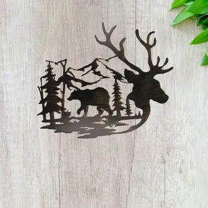 森林装饰金属狩猎装饰熊墙悬挂，定制北欧古董驼鹿和熊装饰金属墙艺术套装