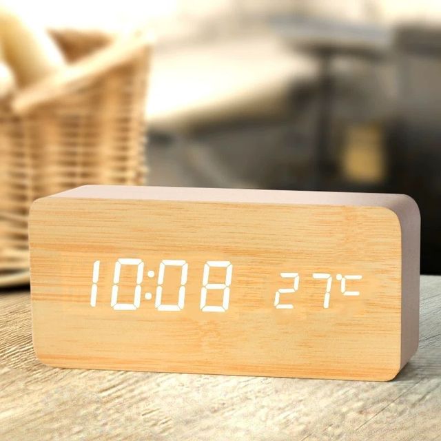 Quartz Movement LED Alarm Clock Digital Display Wooden Desk Clock with Temperature Feature for Office or Bedroom Use