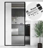 Système de portes coulissantes modernes en bois avec cadre en aluminium, sans rail, à verre simple, pour salon, avec miroir et amortisseur hydraulique