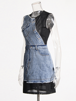 Nouvelle Robe Décontractée en Jean Slim Sexy Tendance Mode pour l'Été, avec Maille Ajourée Respirante, Coupe Trapèze, Style Vintage, Patchwork Noir, Vente en Gros pour Boutiques
