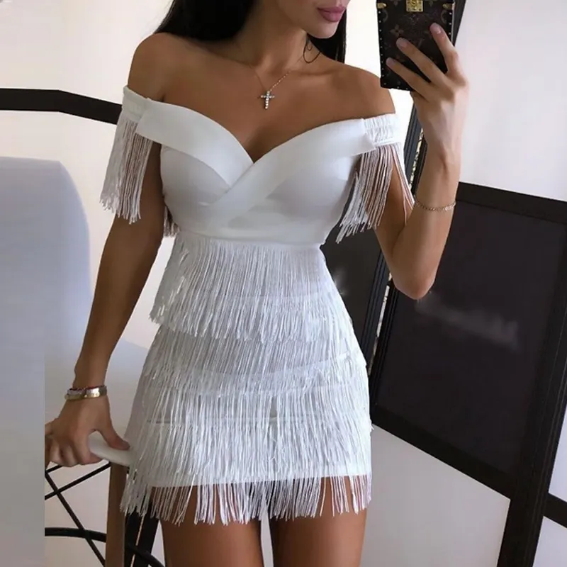 Party Wear Women Sleeveless Bodycon Dress Summer Fringe Tassel White Dresses 2020