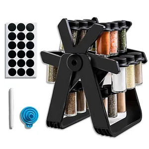 NISEVEN Wholesale 18 Cans Rotating Ferris Wheel Spice Condiment Glass Seasoning Rack Set For Kitchen Organizer ABS Spice Rack