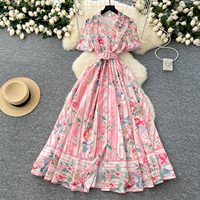 Robe longue à imprimé floral, col vintage, manches courtes, ceinture, boutons sur le devant, nouvelle collection 2024 pour femmes