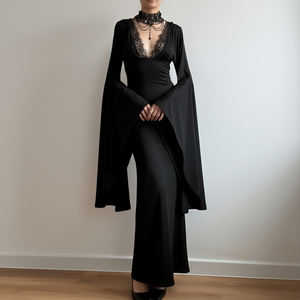 เดรสยาวทรงเมอร์เมด คอวี แขนทรงปีกค้างคาว แต่งลูกปัด ดีไซน์โกธิคสีเข้ม สวยสง่าสำหรับผู้หญิง - Product Image 3